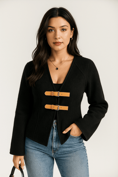 Women's Blazer – Tailored Fit – Wool-like Texture – V-neck – Buckle Closure