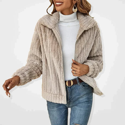 Women's Jacket – Soft Ribbed Texture – Relaxed Fit – High Collar with Zipper