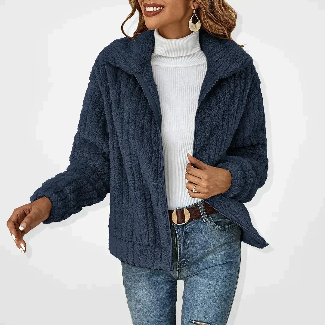 Women's Jacket – Soft Ribbed Texture – Relaxed Fit – High Collar with Zipper