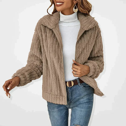 Women's Jacket – Soft Ribbed Texture – Relaxed Fit – High Collar with Zipper