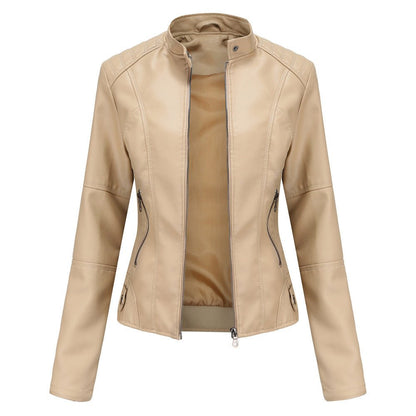 Women's Leather Jacket – Tailored Fit – Stand Collar – Zipper Closure – Long Sleeves