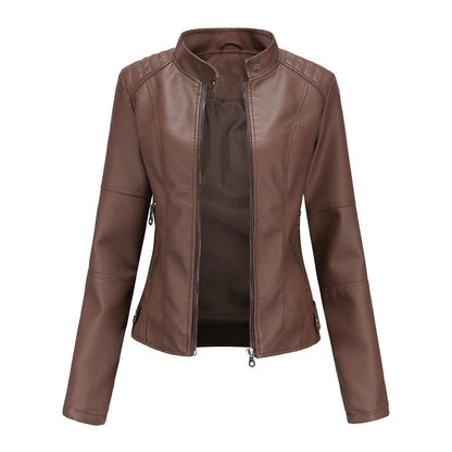 Women's Leather Jacket – Tailored Fit – Stand Collar – Zipper Closure – Long Sleeves