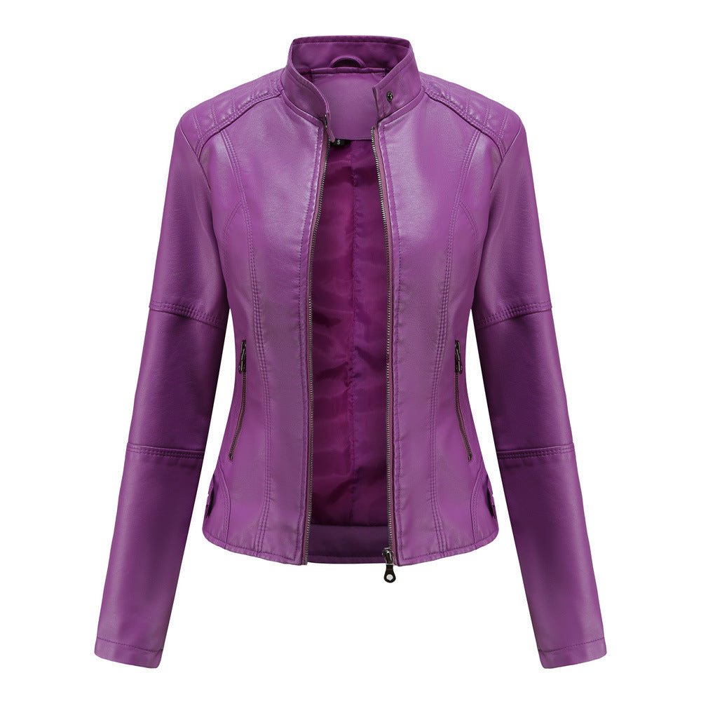 Women's Leather Jacket – Tailored Fit – Stand Collar – Zipper Closure – Long Sleeves