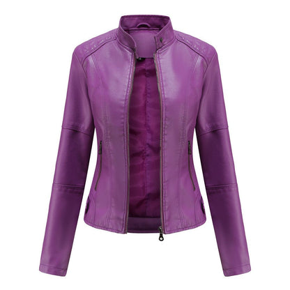 Women's Leather Jacket – Tailored Fit – Stand Collar – Zipper Closure – Long Sleeves