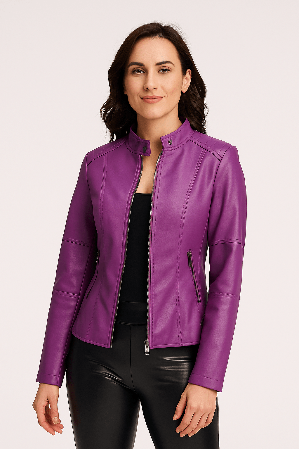 Women's Leather Jacket – Tailored Fit – Stand Collar – Zipper Closure – Long Sleeves
