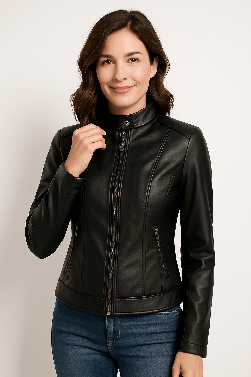 Women's Leather Jacket – Tailored Fit – Stand Collar – Zipper Closure – Long Sleeves
