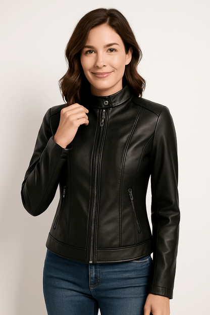 Women's Leather Jacket – Tailored Fit – Stand Collar – Zipper Closure – Long Sleeves