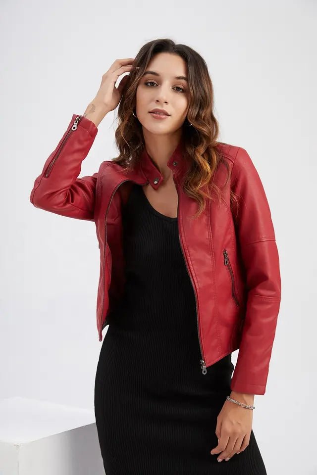 Women's Leather Jacket – Tailored Fit – Stand Collar – Zipper Closure – Long Sleeves