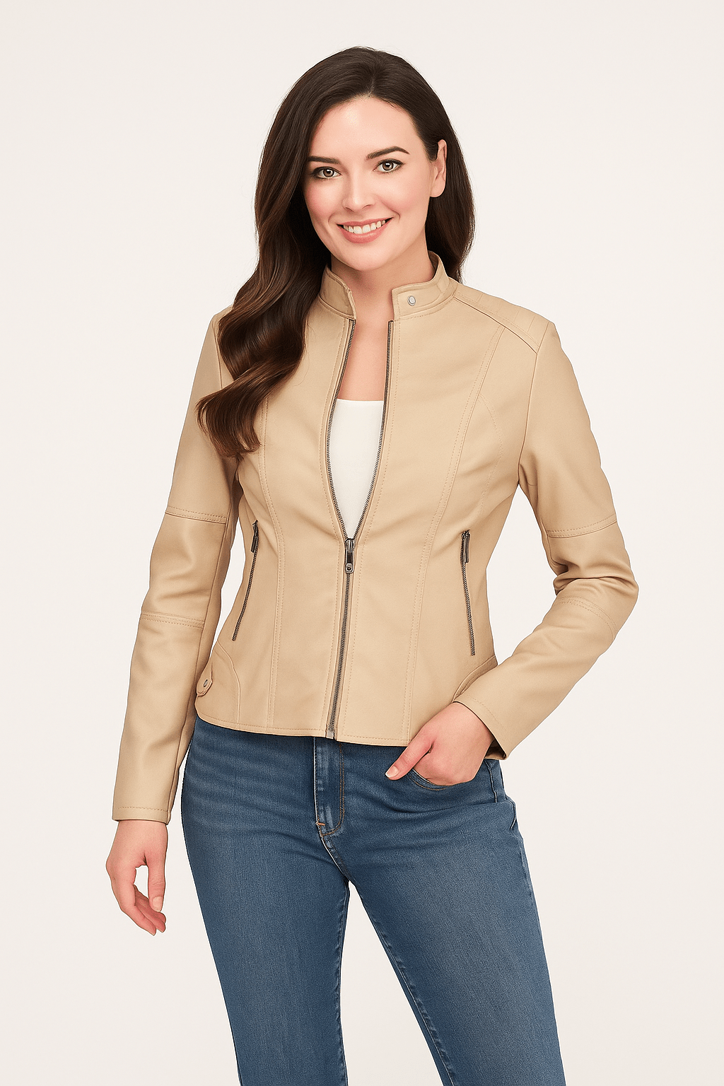 Women's Leather Jacket – Tailored Fit – Stand Collar – Zipper Closure – Long Sleeves