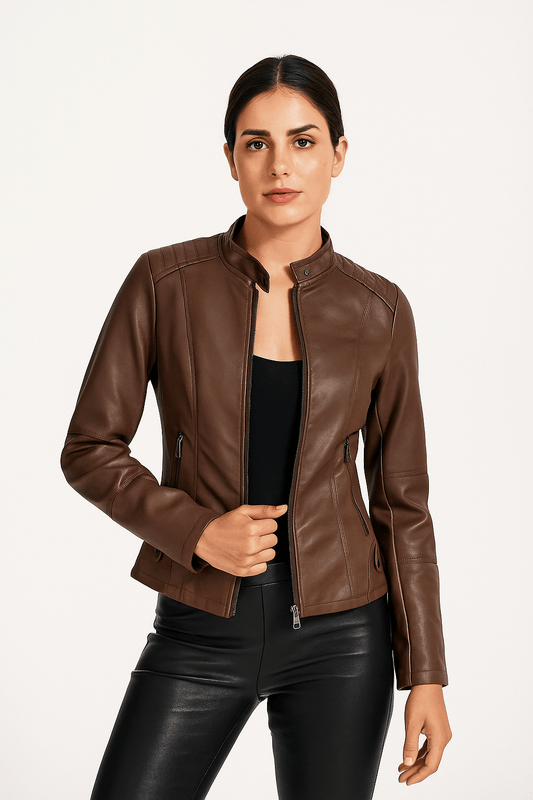 Women's Leather Jacket – Tailored Fit – Stand Collar – Zipper Closure – Long Sleeves