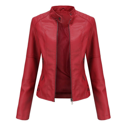 Women's Leather Jacket – Tailored Fit – Stand Collar – Zipper Closure – Long Sleeves