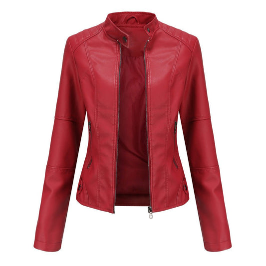 Women's Leather Jacket – Tailored Fit – Stand Collar – Zipper Closure – Long Sleeves
