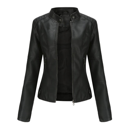 Women's Leather Jacket – Tailored Fit – Stand Collar – Zipper Closure – Long Sleeves