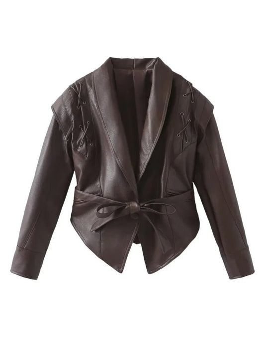 Women's Leather Jacket – Tailored Fit – Tie Belt – Shawl Collar – Lace Shoulders