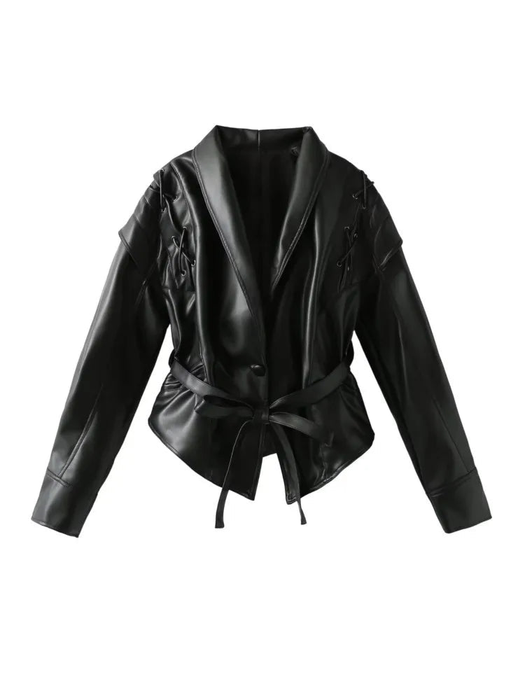Women's Leather Jacket – Tailored Fit – Tie Belt – Shawl Collar – Lace Shoulders