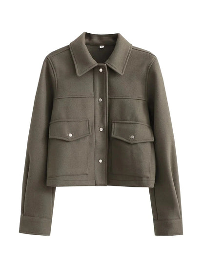 Women's Jacket – Short Cut – Tailored Fit – Button Closure – Utility Chest Pockets