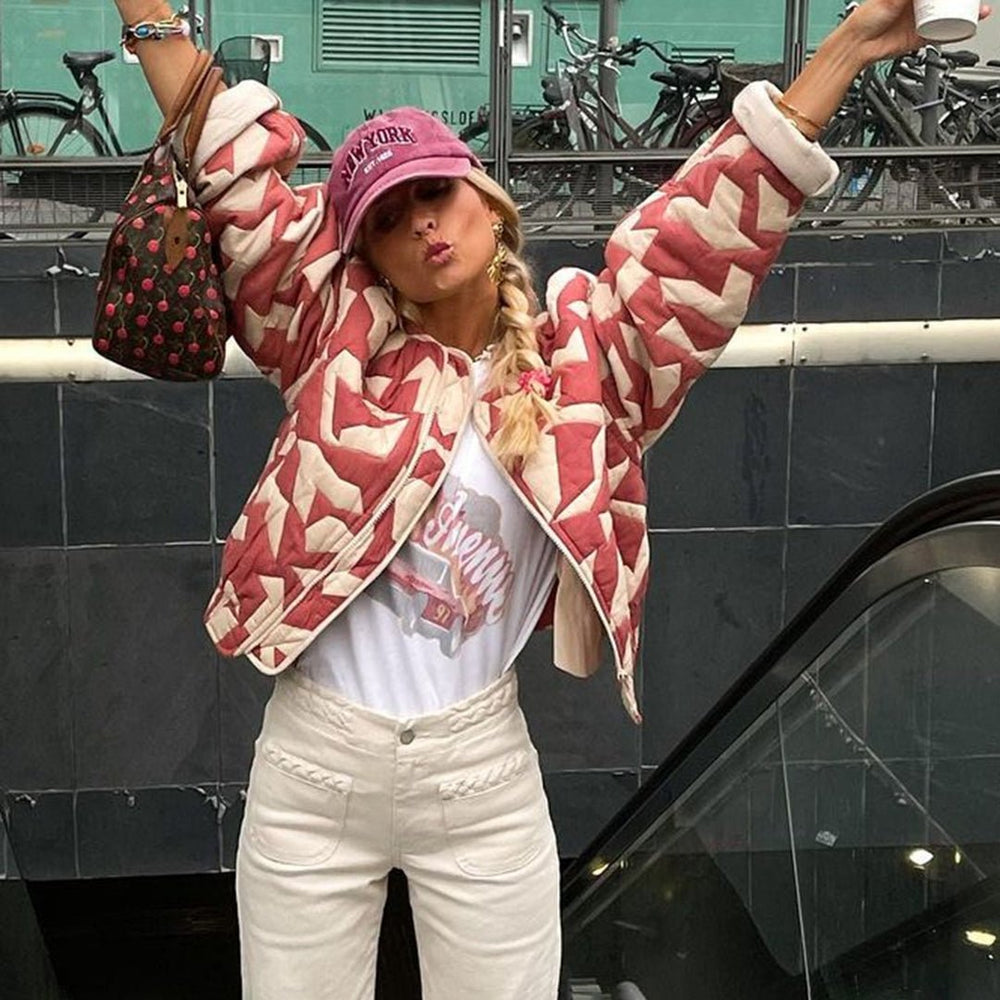 Women's Quilted Jacket – Oversized Fit – Button Closure – Floral Print – Hip Length