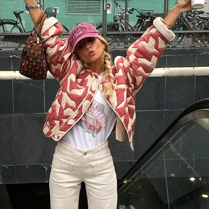 Women's Quilted Jacket – Oversized Fit – Button Closure – Floral Print – Hip Length