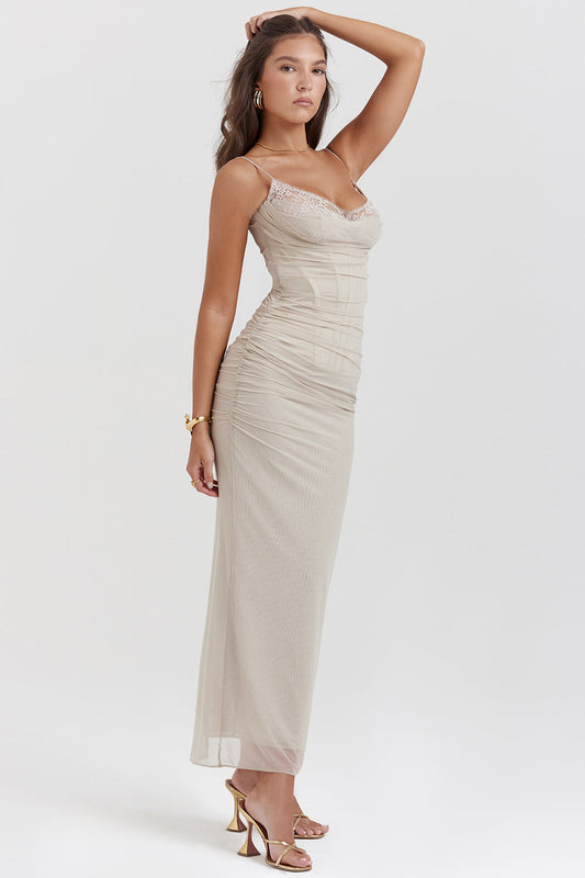 Women's Maxi Dress – Fitted Fit – Light Breathable Fabric – Spaghetti Straps – Lace Neckline
