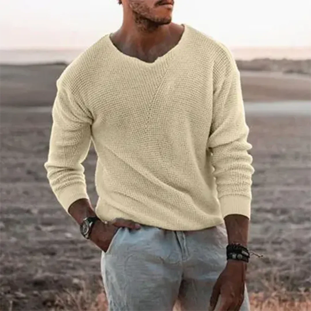 Men's Pullover Sweater – Relaxed Fit – V-Neck – Ribbed Knit – Long Sleeves