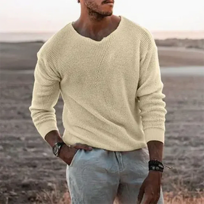 Men's Pullover Sweater – Relaxed Fit – V-Neck – Ribbed Knit – Long Sleeves