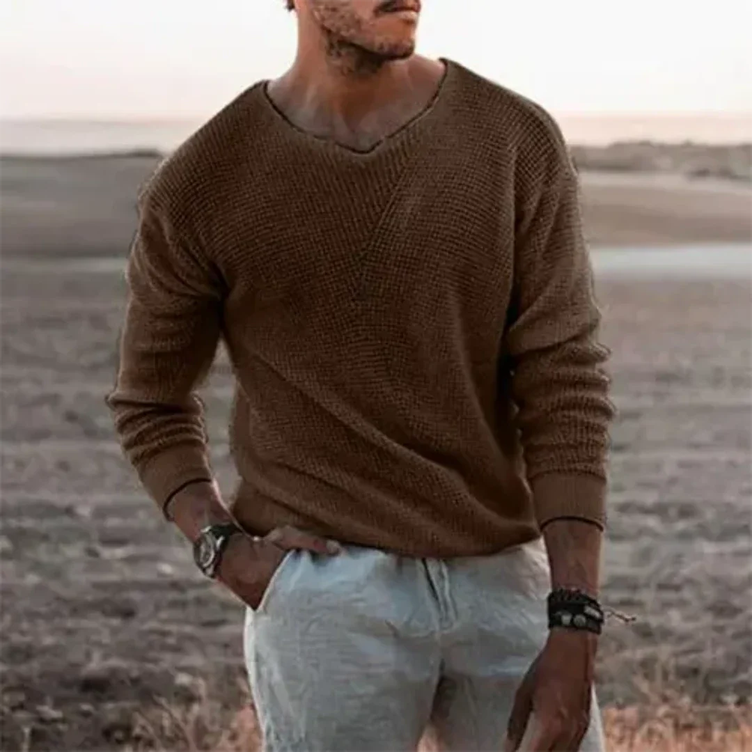 Men's Pullover Sweater – Relaxed Fit – V-Neck – Ribbed Knit – Long Sleeves