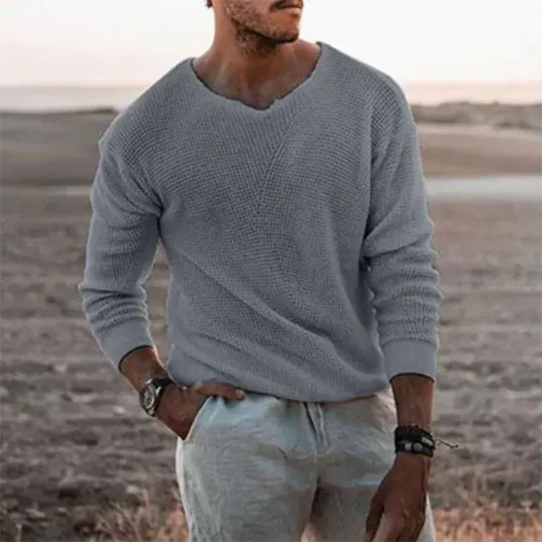 Men's Pullover Sweater – Relaxed Fit – V-Neck – Ribbed Knit – Long Sleeves