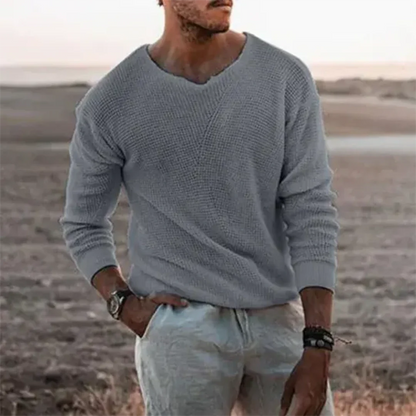Men's Pullover Sweater – Relaxed Fit – V-Neck – Ribbed Knit – Long Sleeves