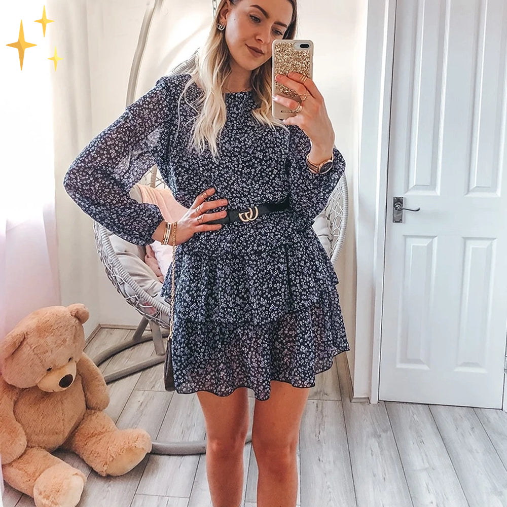 Women's Dress – Lightweight Flowy Fit – Long Sleeves – Ruched Skirt – Casual Style