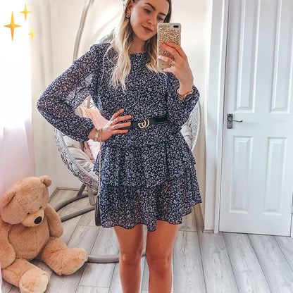 Women's Dress – Lightweight Flowy Fit – Long Sleeves – Ruched Skirt – Casual Style