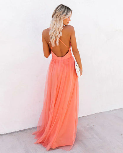Dame Maxikjole – Chiffon Look – V-Hals – Spaghettistropper – Elegant Pasform