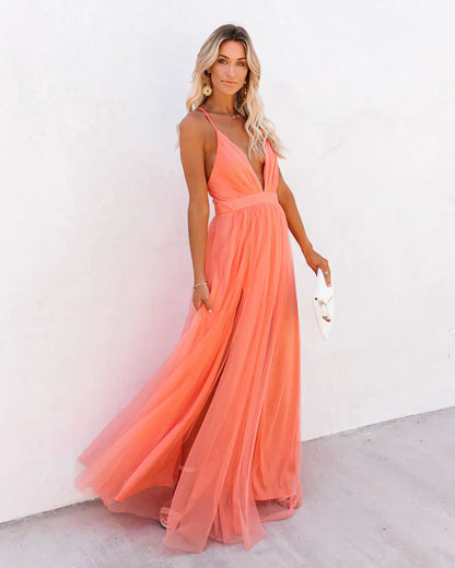 Dame Maxikjole – Chiffon Look – V-Hals – Spaghettistropper – Elegant Pasform