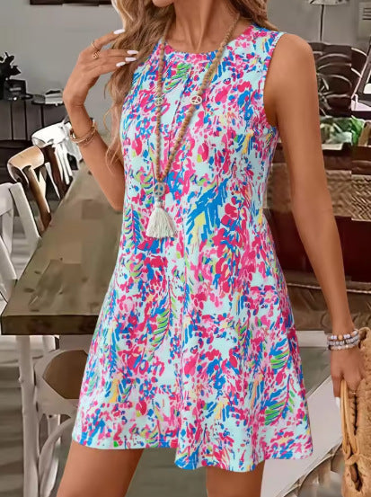 Women's Vest Dress – Sleeveless – Relaxed Fit – Floral Print – Light and Breathable
