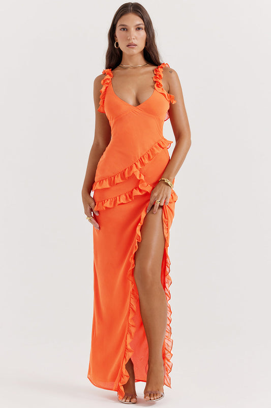 Dress for Women – Maxi Length – Slim Fit – Ruched Detail – Deep V-Neck – High Slit