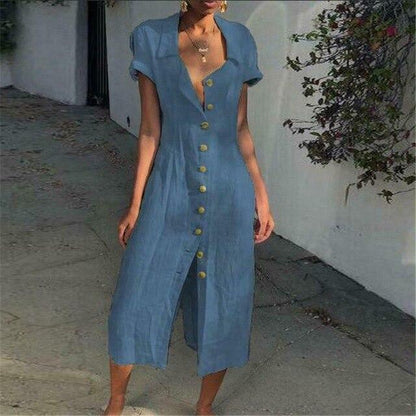 Women's Midi Dress – Relaxed Fit – Button Closure – Lightweight Breathable – Short Sleeve – Collar