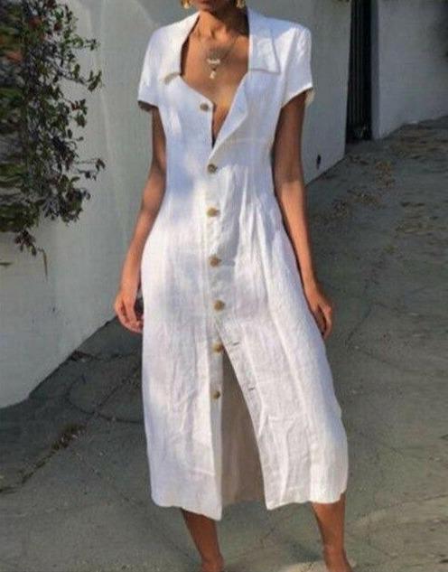 Women's Midi Dress – Relaxed Fit – Button Closure – Lightweight Breathable – Short Sleeve – Collar