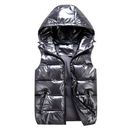 Men’s Vest - Woven - Quilted - High-Neck Hood - Sleeveless - Hip Length