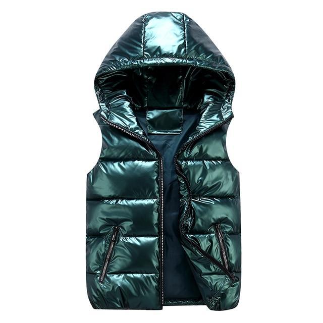 Men’s Vest - Woven - Quilted - High-Neck Hood - Sleeveless - Hip Length