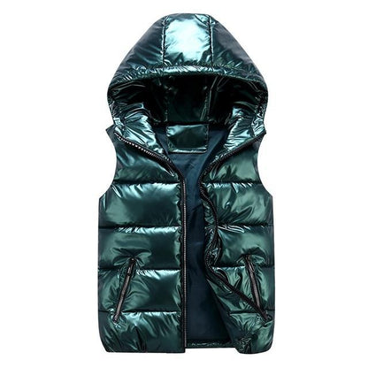 Men’s Vest - Woven - Quilted - High-Neck Hood - Sleeveless - Hip Length