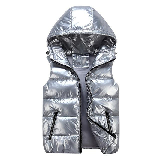 Men’s Vest - Woven - Quilted - High-Neck Hood - Sleeveless - Hip Length