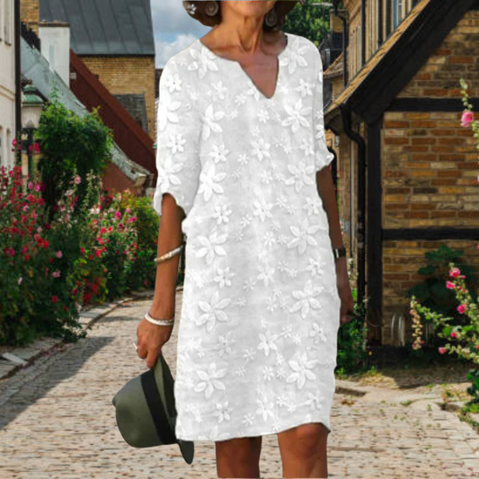 Dress for Women – Relaxed Fit – Knee-Length – V-Neck – Embroidered Floral Pattern – Breathable Fabric