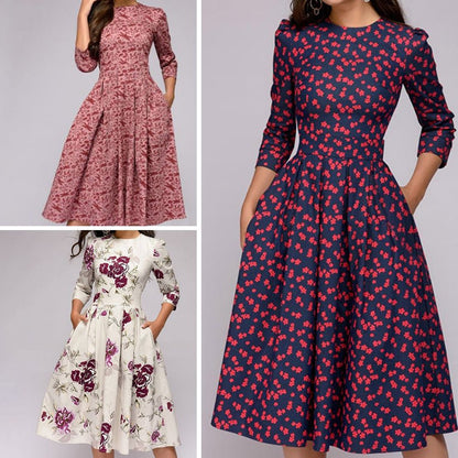 Dame Kjole - Midi Længde - A-Line Pasform - Blomsterprint - 3/4 Ærmer med Lommer