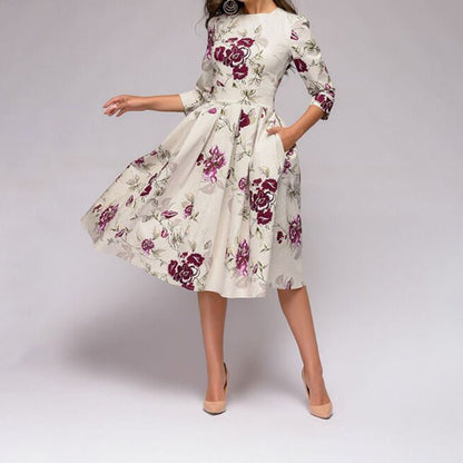 Dame Kjole - Midi Længde - A-Line Pasform - Blomsterprint - 3/4 Ærmer med Lommer