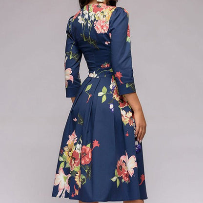 Dame Kjole - Midi Længde - A-Line Pasform - Blomsterprint - 3/4 Ærmer med Lommer