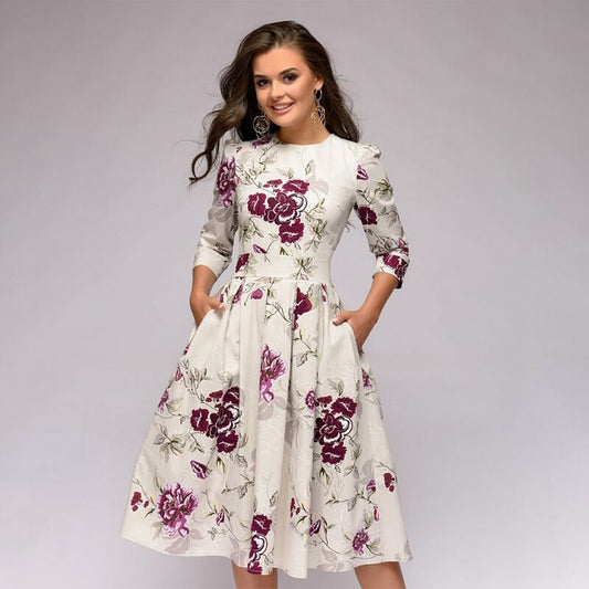 Women's Dress - Midi Length - A-Line Fit - Floral Print - 3/4 Sleeves with Pockets