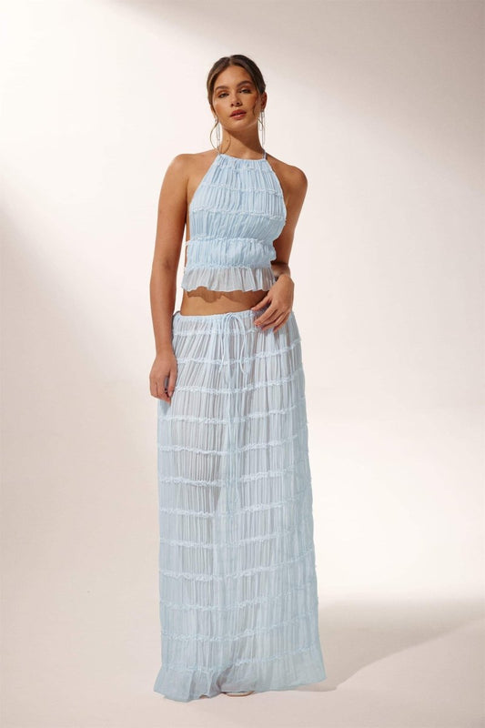 Women's Two-Piece Set – Backless Halter Crop Top – Pleated Long Skirt – Breathable Design