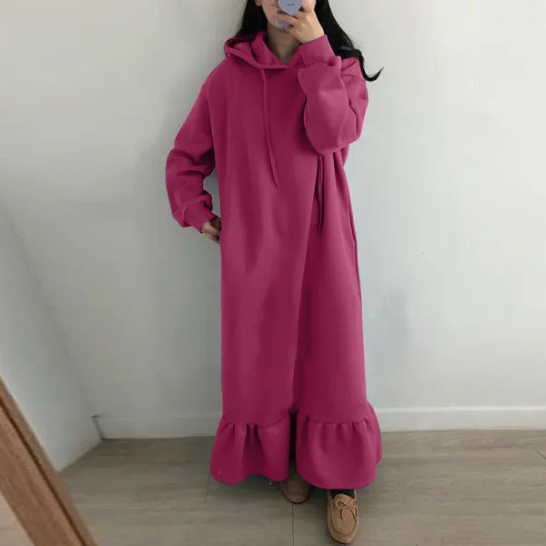 Women's Hoodie Dress - Long-Sleeved Oversized - With Ruffle Hem and Drawstring Hood