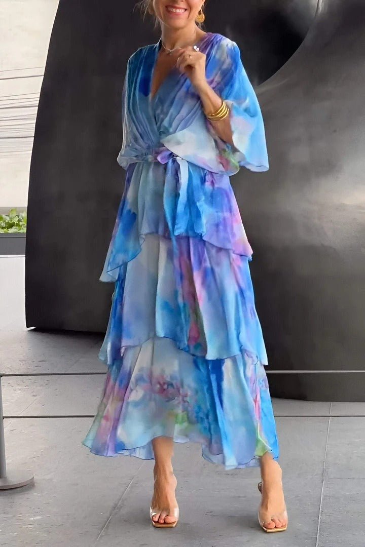 Women's Maxi Dress – Elegant Wrap Design – Ruched Skirt – Puff Sleeves – Lightweight Fabric