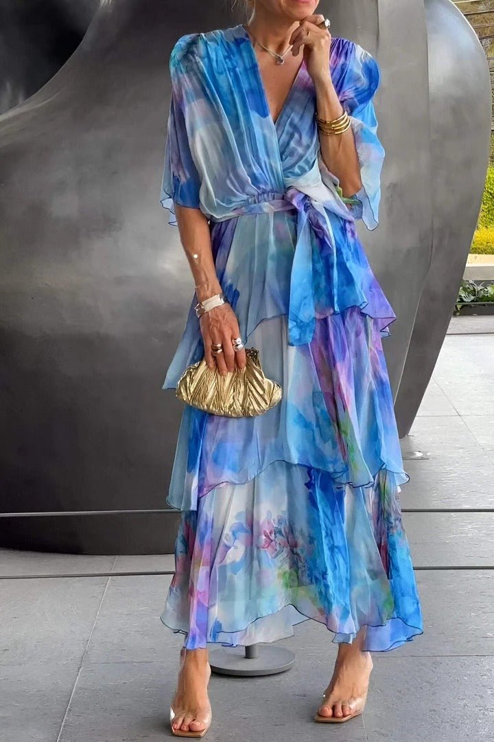 Women's Maxi Dress – Elegant Wrap Design – Ruched Skirt – Puff Sleeves – Lightweight Fabric