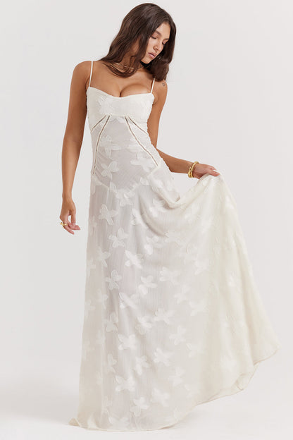 Dress for Women – Slim Fit Maxi Dress – Floral Appliqué – Lace Back – Formal Look